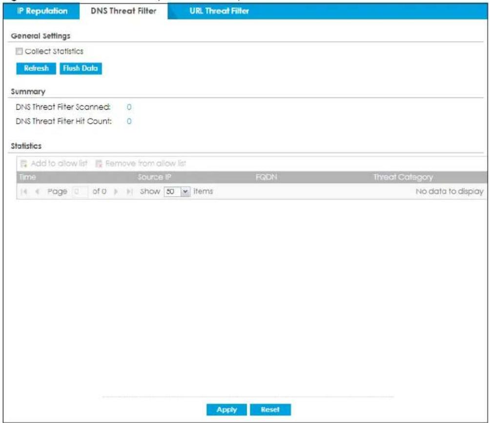 IP Reputation DNS Threat Filter URL Threat Filter General Settings Collect Statistics Refresh Flush Data Summary DNS Threat Filter Scanned: 0 DNS Threat Filter Hit Count: 0 Statistics Add to allow list Remove from allow list Time pivot_table FQDN Threat Category Page af o Show 50 items No data to display Apply Reset