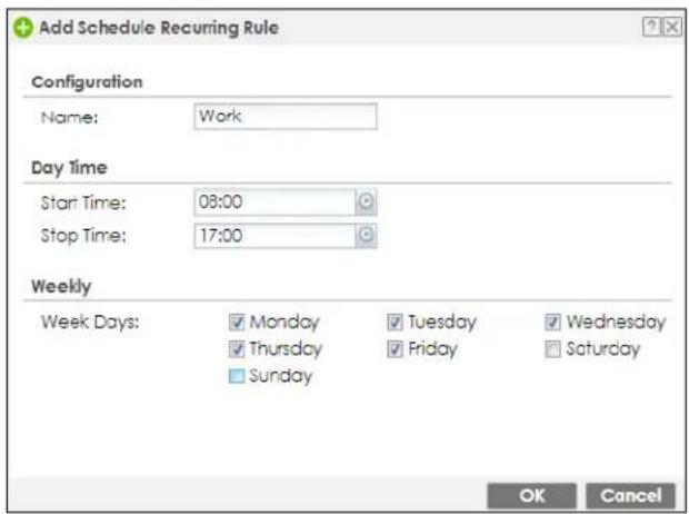 Add Schedule Recurring Rule Configuration Name: Work Day Time Start Time: 08:00 Stop Time: 17:00 Weekly Week Days: Monday Tuesday Wednesday Thursday Friday Saturday Sunday OK Cancel