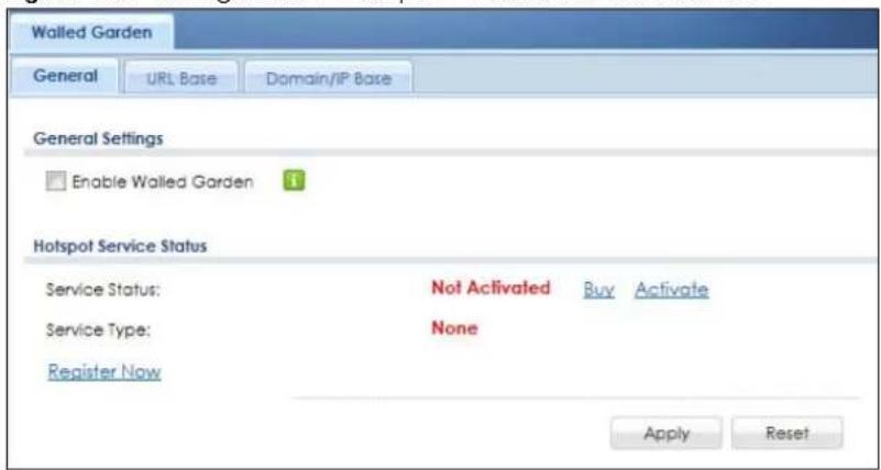 Walled Garden General URL Base Domain/IP Base General Settings Enable Walled Garden Hotspot Service Status Service Status: Not Activated Buy Activate Service Type: None Register Now Apply Reset