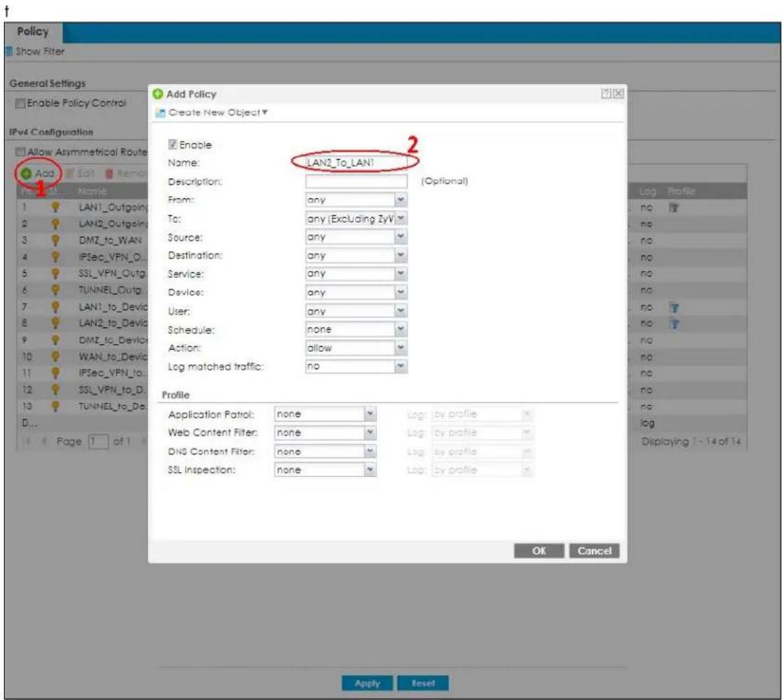 Policy Show Filter General Settings Enable Policy Control IPv4 Configuration Allow Asymmetrical Route Add Edit Remote Name Name LAN2_To_LAN1 Description: (Optional) From: any To: any (Excluding ZyV) Source: any Destination: any Service: any Device: any User: any Schedule: none Action: allow Log matched traffic: no Profile Application Patrol: none Log by profile Web Content Filter: none Log by profile DNS Content Filter: none Log by profile SSL Inspection: none Log by profile OK Cancel Apply Reset
