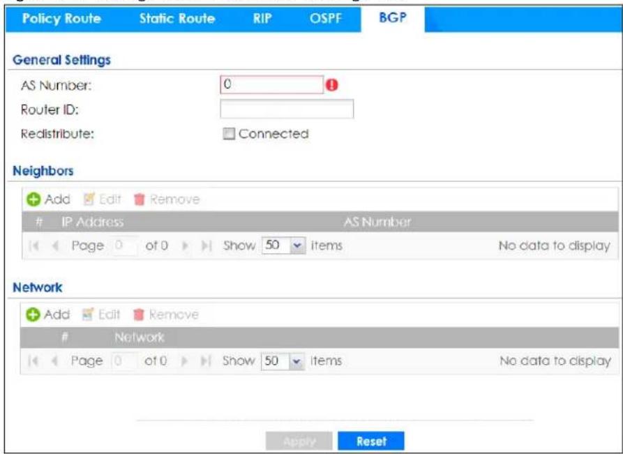 Policy Route Static Route RIP(OSPF) BGP General Settings AS Number: 0 Router ID: Redistribute: Connected Neighbors Add Edit Remove IP Address AS Number Page 0 of 0 Show 50 items No data to display Network Add Edit Remove Network Page 0 of 0 Show 50 items No data to display Apply Reset
