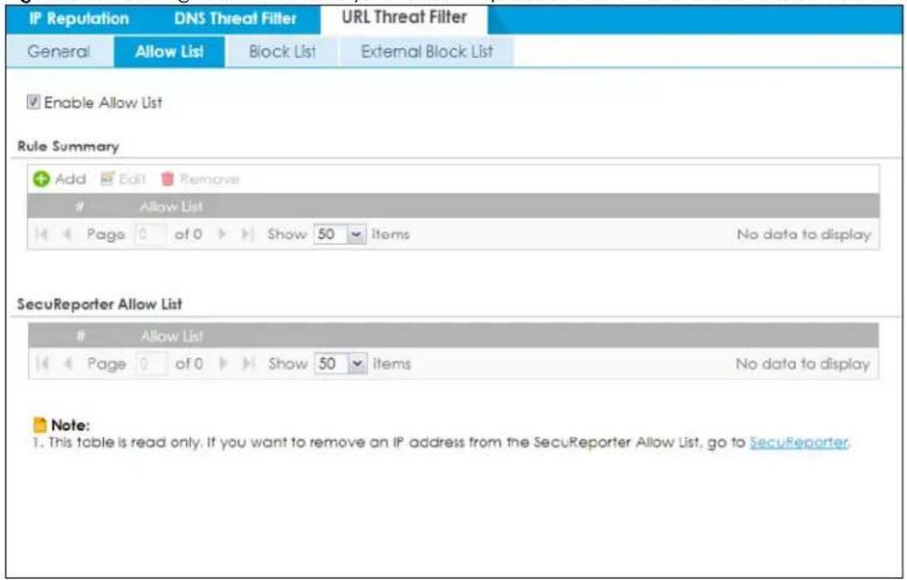 IP Reputation DNS Threat Filter URL Threat Filter General Allow List Block List External Block List Enable Allow List Rule Summary Allow List Page 0 of 0 Show 50 Items No data to display SecuReporter Allow List Allow List Page 0 of 0 Show 50 Items No data to display Note: 1. This table is read only. If you want to remove an IP address from the SecuReporter Allow List, go to SecuReporter.