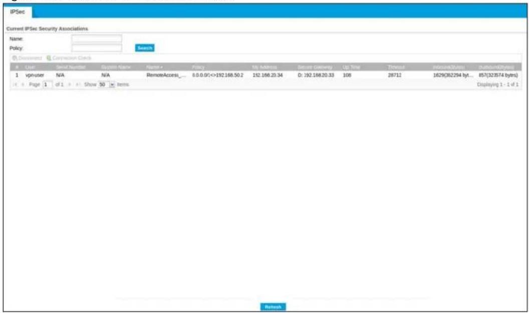 IPSec Current IPSec Security Associations Name: Policy: Search DePARTMENT Compression Clock # User Serial Number System Name Factor Policy My Address Secure Conway Up Time Timeout Inocure(0/25ms) Outbound(0/25ms) 1 vphuser N/A N/A RemoteAccess_ 8.0.0.01<>192.168.50.2 192.168.20.34 D: 192.168.20.33 108 28712 1629(3X2294 byt... 857(323574 bytes) it a Page 1 of 1 a Show 50 b Bems Displaying 1 - 1 of 1 Refresh
