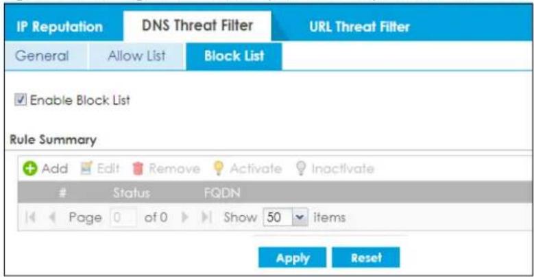 IP Reputation DNS Threat Filter URL Threat Filter General Allow List Block List Enable Block List Rule Summary Add Edit Remove Activate Inactivate # Status FQDN Page 0 of 0 Show 50 items Apply Reset