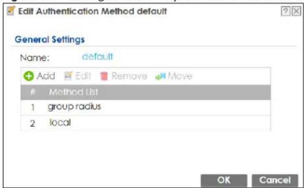 Edit Authentication Method default General Settings Name: default Add Edit Remove Move Method List 1 group radius 2 local OK Cancel