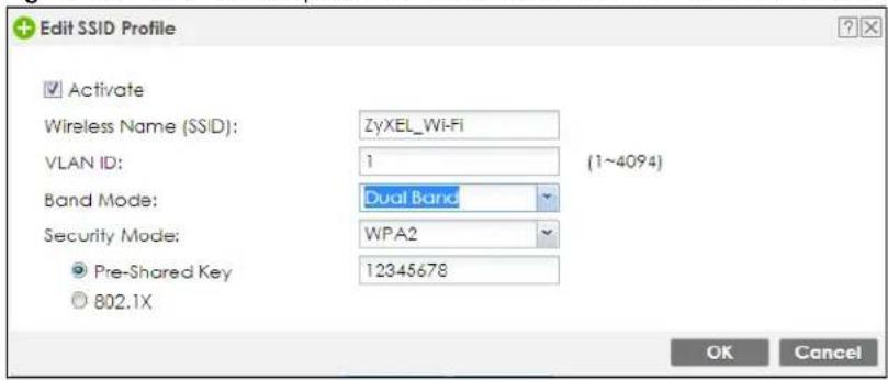 Edit SSID Profile Activate Wireless Name (SSID): ZyXEL_Wi-Fi VLAN ID: 1 (1~4094) Band Mode: Dual Band Security Mode: WPA2 Pre-Shared Key 12345678 802.1X OK Cancel