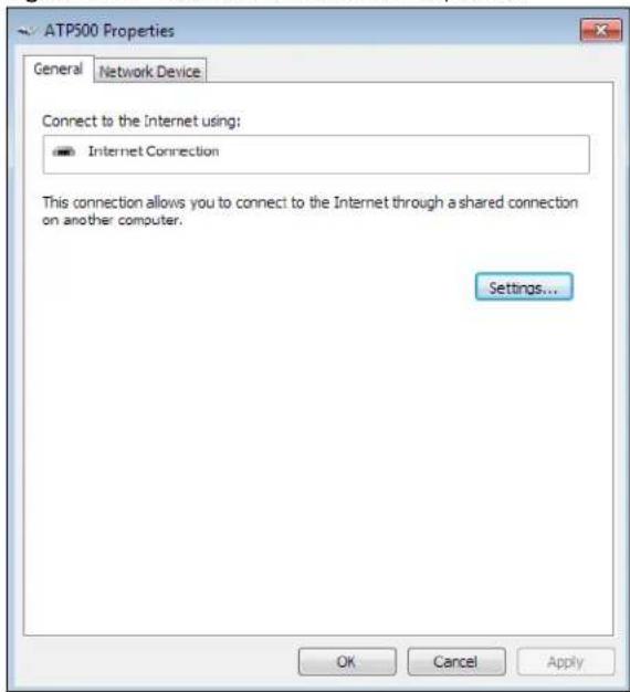 ATP500 Properties General Network Device Connect to the Internet using: Internet Connection This connection allows you to connect to the Internet through a shared connection on another computer. Settings... OK Cancel Apply