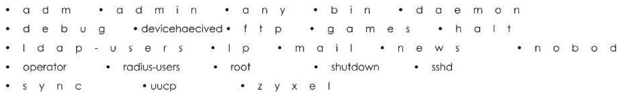 • ad m • ad min • any • bin • daemon • debug • devicehaecived • f t p • g a m e s • halt • l d a p - u s e r s • l p • m a i l • news • nob o d • operator • radius-users • root • shutdown • sshd • s y n c • uucp • z y x e l