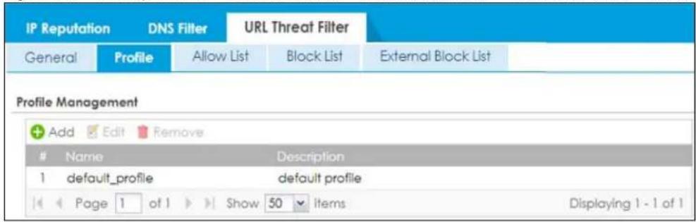 IP Reputation DNS Filter URL Threat Filter General Profile Allow List Block List External Block List Profile Management Add Edit Remove Name Description 1 default_profile deutl profile Page 1 of 1 Show 50 Items Displaying 1 - 1 of 1