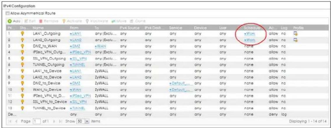 IPv4 Configuration Allow Asymmetrical Route Add Sail Remove Activate Activate Move Cone Pit... Sta... Name From To Fv4 Source Fv4 Desh... Service Device User Schedule Ac... Log Profile 1 LAN1_Outgoing LAN1 any (Exclu... any any any any any any Work allow no 2 LAN2_Outgoing LAN2 any (Exclu... any any any any any any Work allow no 3 DNZ_to_WAN DMZ WAN any any any any any any none allow no 4 IPSec_VPN_Outg... IPSec_VPN any (Exclu... any any any any any none allow no 5 SSI_VPN_Outgoing SIL_VPN any (Exclu... any any any any any none allow no 6 TUNNEL_Outgoing TUNNEL any (Exclu... any any any any any none allow no 7 LAN1_to_Device LAN1 ZyWALL any any any any any none allow no 8 LAN2_to_Device LAN2 ZyWALL any any any any none allow no 9 DNZ_to_Device DMZ ZyWALL any any Default ... any any none allow no 10 WAN_to_Device WAN ZyWALL any any Default ... any none allow no 11 IPSec_VPN_to_D... IPSec_VPN ZyWALL any any any any none allow no 12 SSI_VPN_to_Device SIL_VPN ZyWALL any any any any none allow no 13 TUNNEL_to_Device TUNNEL ZyWALL any any any any none allow no De... any any any any any any none deny log 4 Page 1 of 1 Show 50 items Displaying 1 - 14 of 14