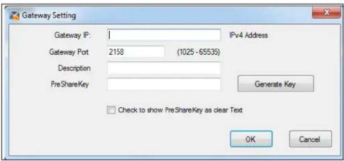 Gateway Setting Gateway IP: 1 IPv4 Address Gateway Port 2158 (1025 - 65535) Description PreShareKey Generate Key Check to show PreShareKey as clear Text OK Cancel