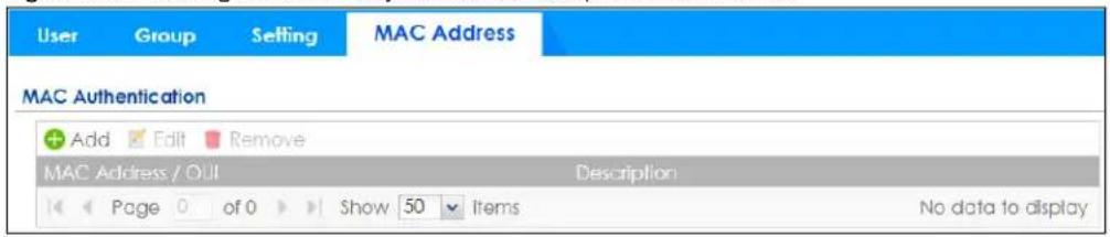 User Group Setting MAC Address MAC Authentication Add Edit Remove MAC Address / OUI Description Page 0 of 0 Show 50 Items No data to display