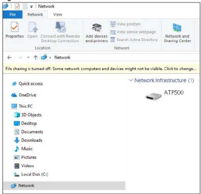 Network File Network View Properties Open Connect with Remote Desktop Connection Location Add devices and printers View printers View device webpage Search Active Directory Network Network and Sharing Center ← → ↗ > Network File sharing is turned off. Some network computers and devices might not be visible. Click to change... Quick access OneDrive This PC 3D Objects Desktop Documents Downloads Music Pictures Videos Local Disk (C:) Network Network Infrastructure (1) ATP500