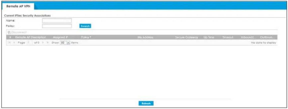 Remote AP VPN Current IFSec Security Associations Name: Policy: Search Disconnect & Remote AP Description Assigned if Policy * My Address Secure Gateway Up Time Timeout Inbound Outbound Page of 0 Show 50 Items No data to display Refresh