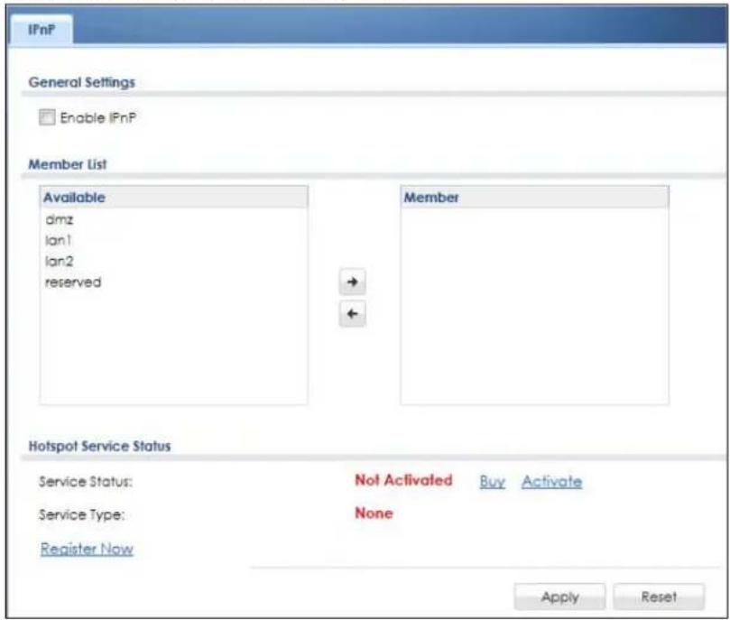 IPnP General Settings Enable IPnP Member List Available dmz lan1 lan2 reserved Member Hotspot Service Status Service Status: Not Activated Buy Activate Service Type: None Register Now Apply Reset