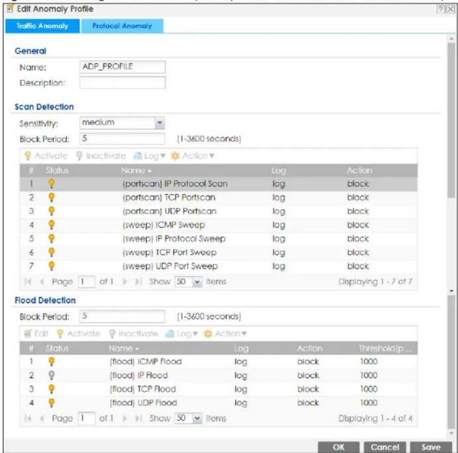 Edit Anomaly Profile Traffic Anomaly Protocol Anomaly General Name: ADP_PROFILE Description: Scan Detection Sensitivity: medium Block Period: 5 (1-3600 seconds) Status Name Log Action 1 (portscan) IP Protocol ScanLoad log block 2 (portscan) TCP PortscanLoad log block 3 (portscan) UDP PortscanLoad log block 4 (sweep) ICMP SweepLoad log block 5 (sweep) IP Protocol SweepLoad log block 6 (sweep) TCP Port SweepLoad log block 7 (sweep) UDP Port SweepLoad log block Page 1 of 1 Show 50 Items Displaying 1 - 7 of 7 Flood Detection Block Period: 5 (1-3600 seconds) Edit Activate Inactivate\Log Action Status Name Log Action Threshold(p... 1 flood) ICMP FloodLoad log block 1000 2 flood) IP FloodLoad log block 1000 3 flood) TCP FloodLoad log block 1000 4 flood) UDP FloodLoad log block 1000 Page 1 of 1 Show 50 Items Displaying 1 - 4 of 4 OK Cancel Save