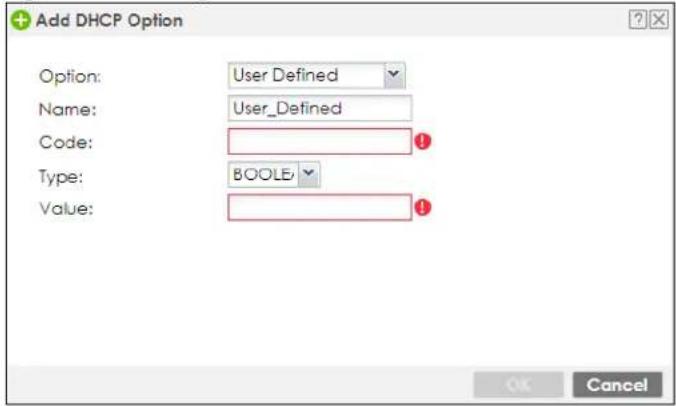 Add DHCP Option Option: User Defined Name: User_Defined Code: Type: BOOLEAN Value: