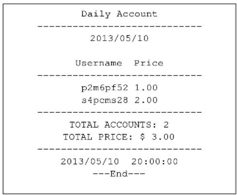 Daily Account 2013/05/10 Username Price p2m6pf52 1.00 s4pcms28 2.00 TOTAL ACCOUNTS: 2 TOTAL PRICE: $ 3.00 2013/05/10 20:00:00 ---End---