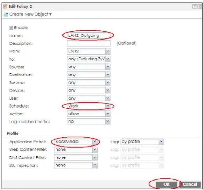 Edit Policy 2 Create New Object ▼ Enable Name: LAN2_Outgoing Description: (Optional) From: LAN2 To: any (Excluding ZyV) Source: any Destination: any Service: any Device: any User: any Schedule: Work Action: allow Log matched traffic: no Profile Application Patrol: BlockMedia Log: by profile Web Content Filter: none Log: by profile DNS Content Filter: none Log: by profile SSL Inspection: none Log: by profile OK Cancel