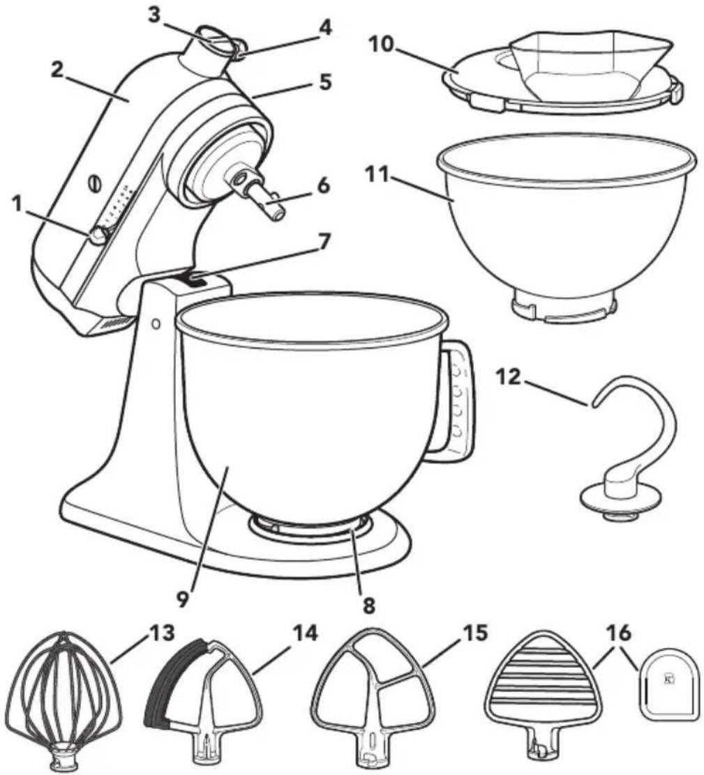 Technical diagram of a kitchen stand with numbered parts for identification and assembly reference.