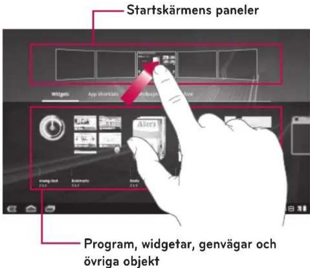 Startskärmens paneler Program, widget, genvägar och övriga objekt