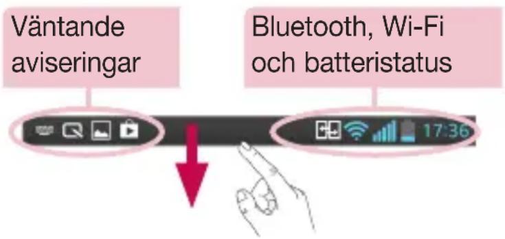 Väntande aviseringar Bluetooth, Wi-Fi och batteristatus 17:36