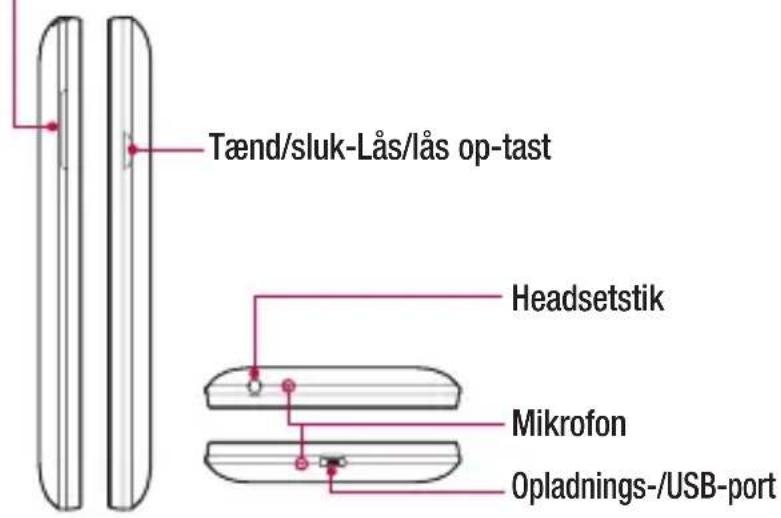 Tænd/sluk-Lås/lås op-tast Headsetstik Mikrofon Opladnings-/USB-port