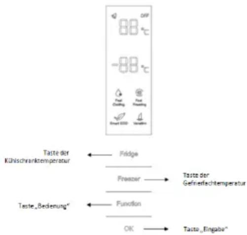 OFF 88 °C -88 °C Fast Cooling Fast Roasting Smart SSD Variable Taste der Kühlschränktemperatur Fridge Freezer Teste der Gefnerfachtemperatur Teste_Bedienung* Function OK Tasto_Eingabo*
