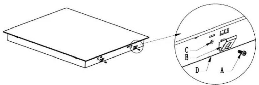 Technical diagram showing a device with labeled components A, B, C, D and an inset view of the internal structure.