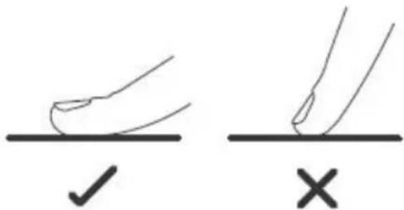 Diagram showing two hand positions on a line with checkmark and cross symbols, likely illustrating correct and incorrect hand positioning.