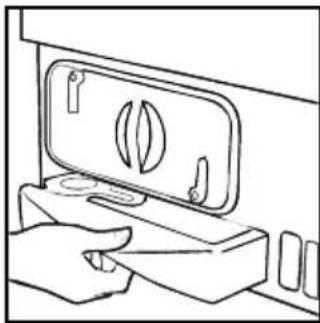 Line drawing of a hand pressing down on a wall-mounted device with a lid (no text or symbols)