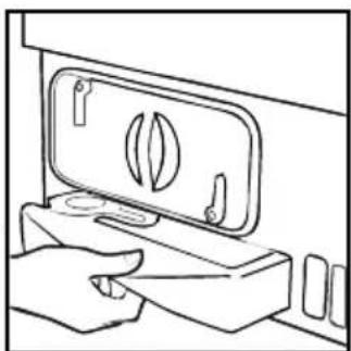 Line drawing of a hand pressing down on a device with a leaf-shaped lid (no text or symbols)