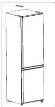Line drawing of a three-tier refrigerator with front panel and side door (no text or symbols)