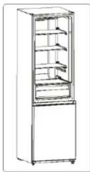 Line drawing of a stainless steel refrigerator with multiple shelves (no text or symbols)