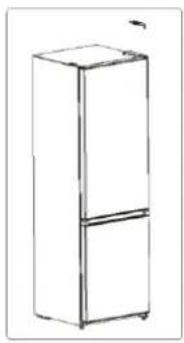 Line drawing of a two-door refrigerator with a handle (no text or symbols)