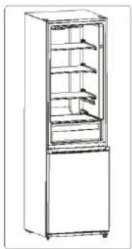 Line drawing of a stainless steel refrigerator with multiple shelves (no text or symbols)