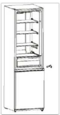 Line drawing of a refrigerator with multiple shelves and a front panel (no text or symbols)