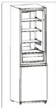 Line drawing of a multi-tiered refrigerator with glass doors and shelves (no text or symbols)