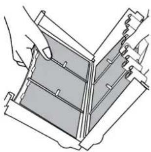 Technical line drawing of a mechanical assembly with hands operating a bracket (no text or symbols)