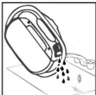 Line drawing of a hand washing a water bottle with liquid dripping (no text or symbols)