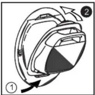 Diagram of a device with labeled parts and directional arrows, showing a circular component with internal structure and numbered annotations.