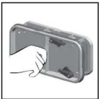 Illustration of a hand inserting a component into a device housing (no text or symbols visible)