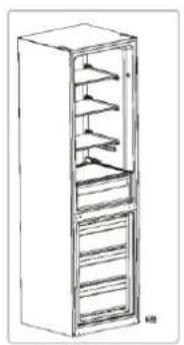Line drawing of a multi-tiered refrigerator cabinet with shelves and drawers (no text or symbols)