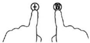 Diagram showing two hand gestures with icons: one marked with a plus sign and the other with a minus sign, illustrating correct and incorrect positioning.
