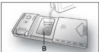 Diagram of a device with labeled component B, showing internal components and a hand holding an object.