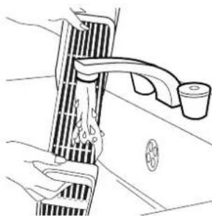 Line drawing of a hand washing a water tap with a cup, no text or symbols present