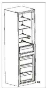 Line drawing of a multi-tiered refrigerator cabinet with shelves and drawers (no text or symbols)