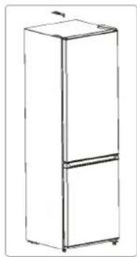 Line drawing of a two-tier refrigerator with front panel and side door (no text or symbols)