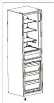 Line drawing of a tall refrigerator with multiple doors and shelves (no text or symbols)