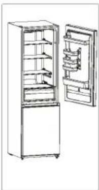 Line drawing of an open refrigerator with shelves and a side door (no text or symbols)